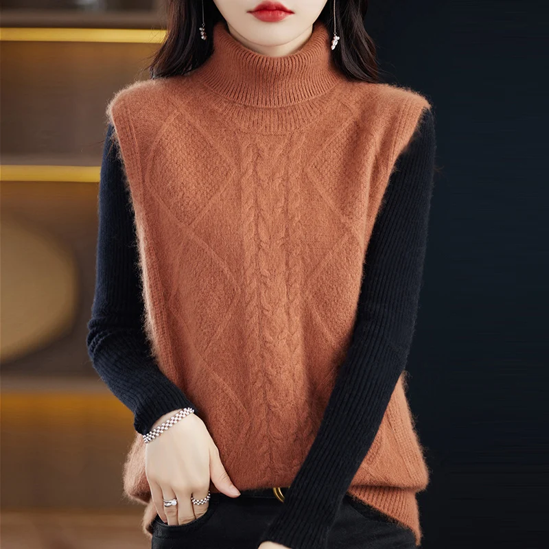 Imagem -05 - Suéter de Cashmere de Vison Feminino Colete de Pescoço Alto lã Pura Simples e Versátil para trás Novo Outono e Inverno