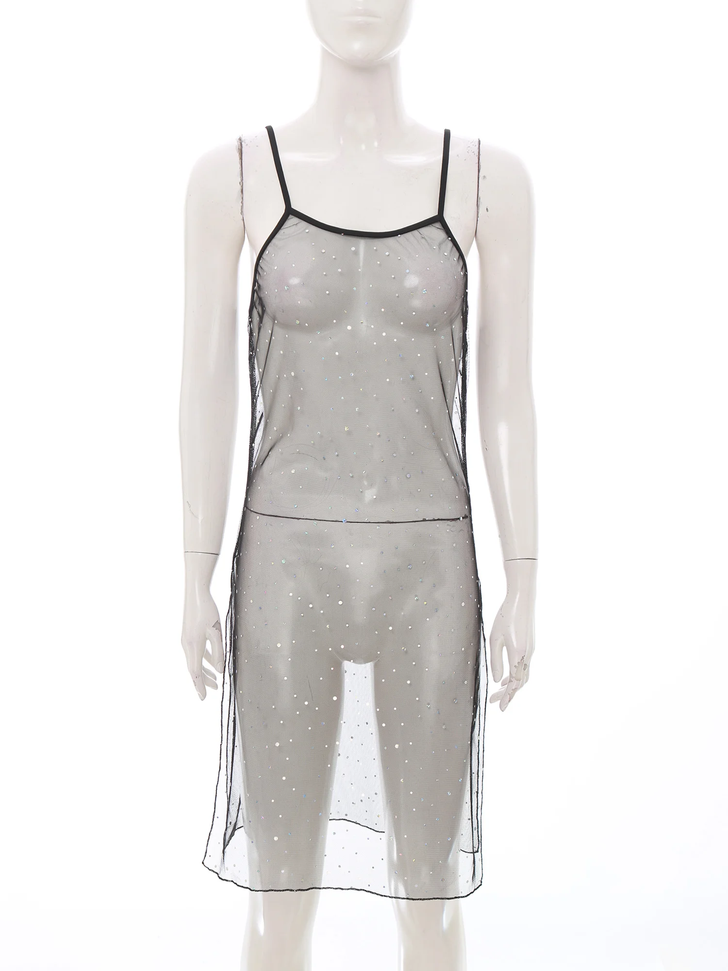 여성용 반짝이는 스팽글 시스루 메쉬 슬링 드레스 사이드 하이 슬릿 미디 드레스 비키니 수영복 커버업 드레스