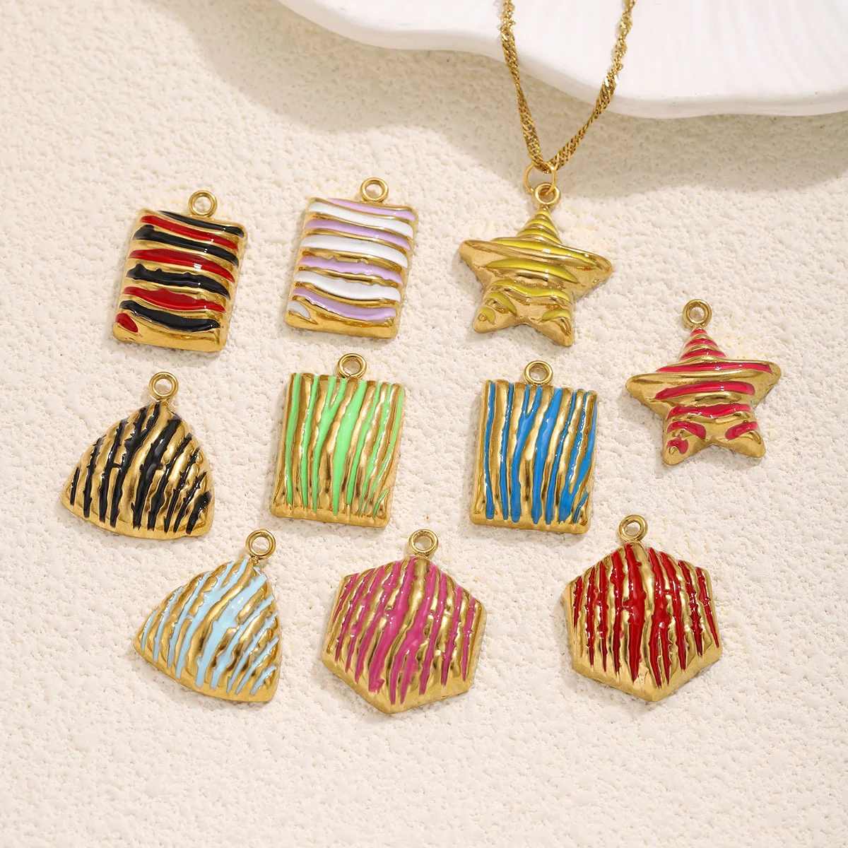 2Pcs Textured Geometric Star & Square Tag Charms Stainless Steel Enamel Mixed Color Pendants For DIY Jewelry Findings