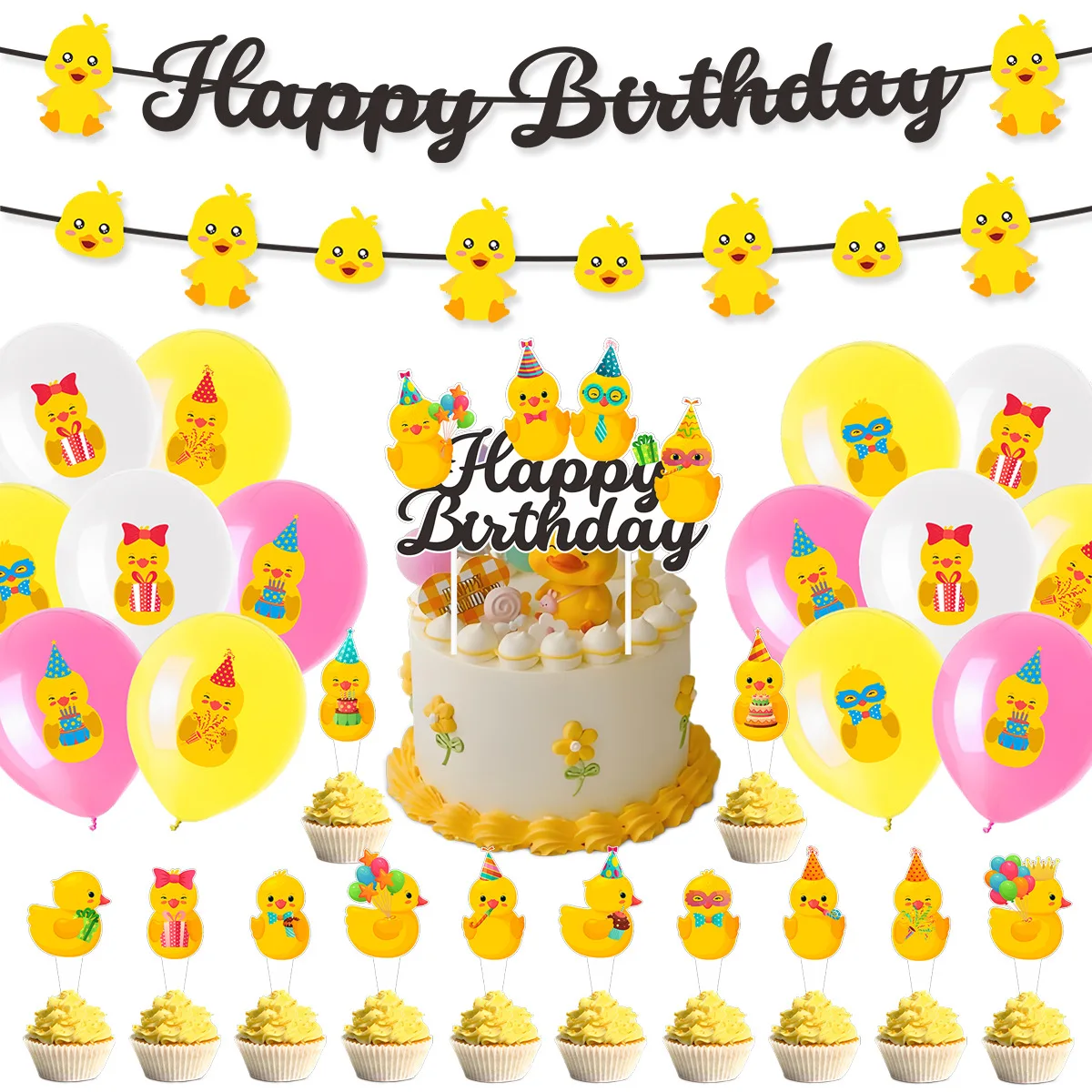 Cute Swim Duck Theme Happy Birthday Banner Cake Toppers Balloon Swirl Hanging for Kids Summer Birthday Baby Shower Party Decor