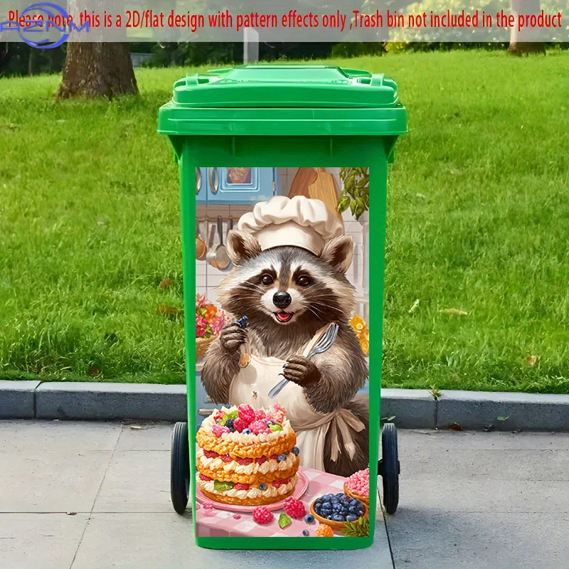 [2D Flat Printing] 1pc 2D Pattern Printing Kitchen Trash Can Sticker X Cm Raccoon Chef Tasting Fresh Theme Kitchen Home Decora