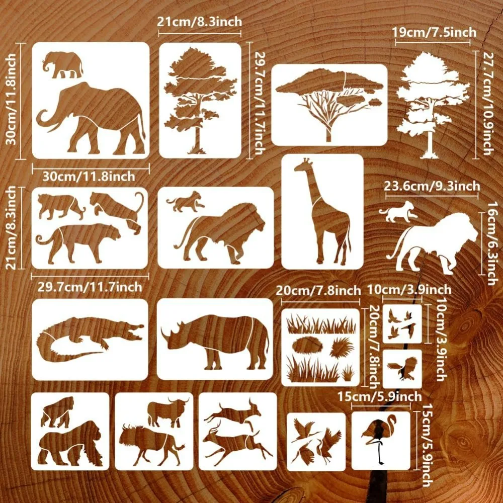 16PCS African Animals Stencil Trees Grass Plants Drawing Template Giraffe Elephant Lion Crocodile Rhino Deer Orangutan Cow