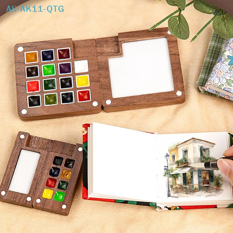New Mini Walnut Wood Watercolor Palette Portable Paint Box With Clip Travel Painting Paint Tray Art Supplies Sketchbook Palette