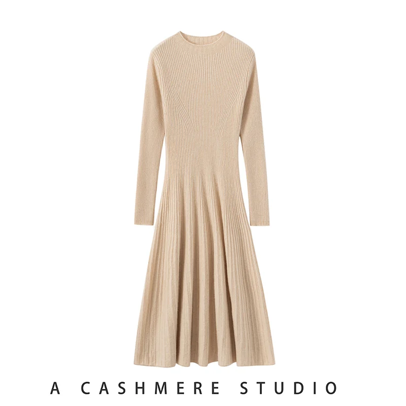 High-end New 100% Pure Cashmere Sweater Long Dress Women Long Sleeve Knitted Dresses High Elastic Female Solid Color Fashion  Pu
