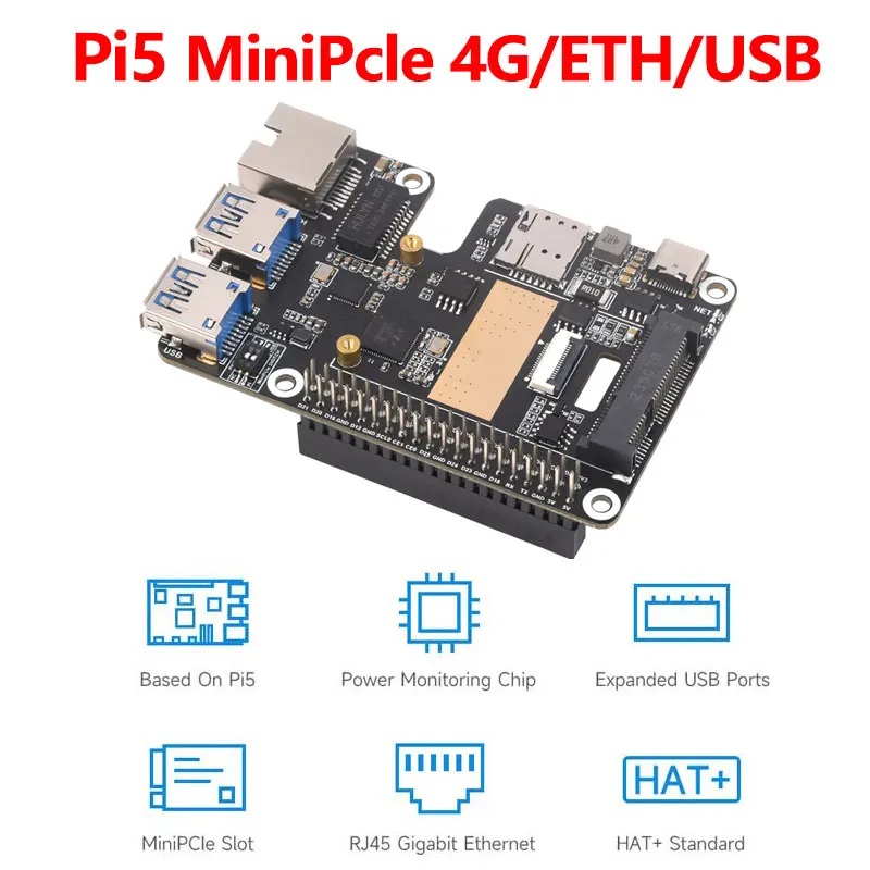 Rasberry Pi 5 PCIe TO Mini PCIe 4G Gigabit Ethernet RJ45 USB 3.2 Gen1 Ports HUB HAT+ SIM7600G-H/EG25-G Driver-Free