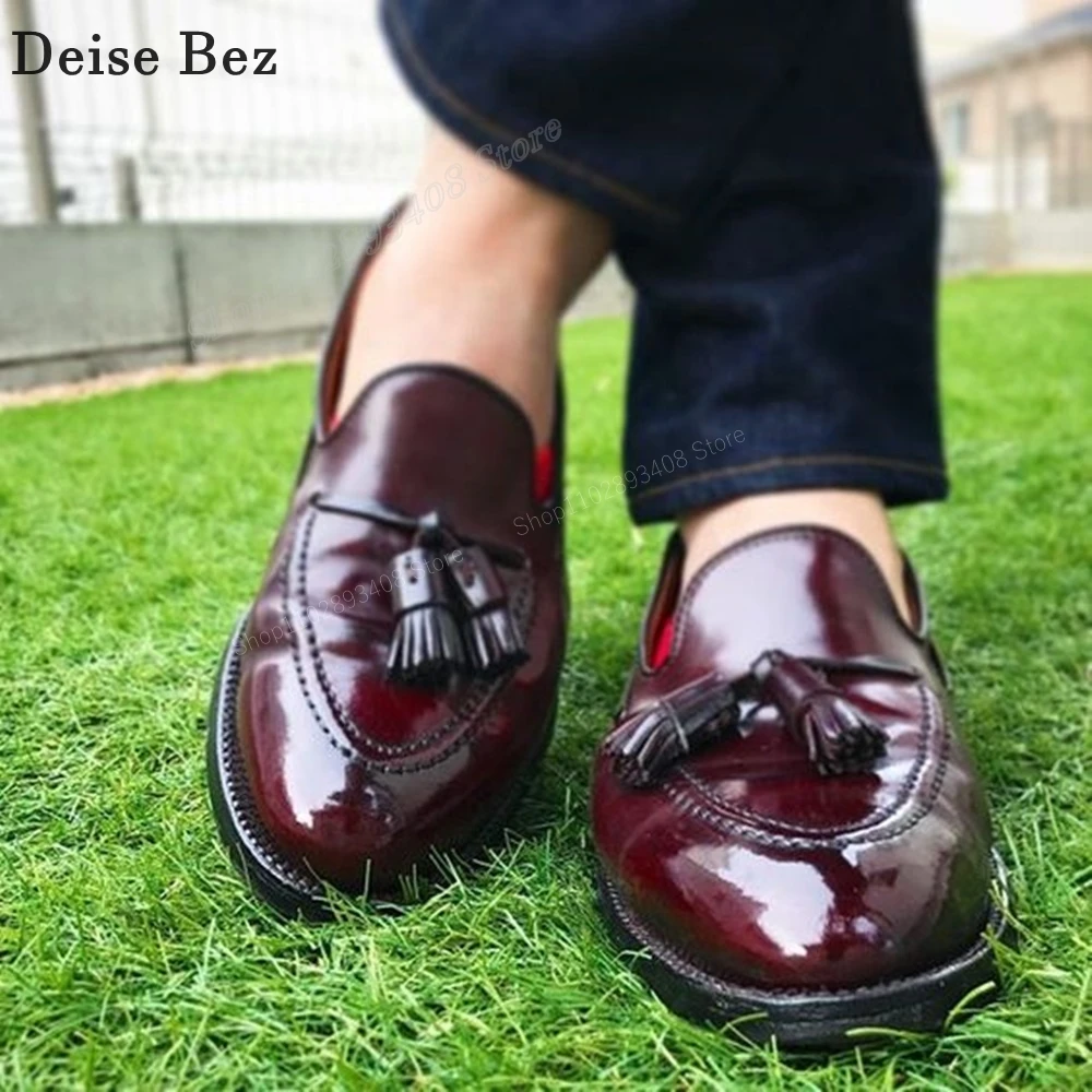 

Wine Red Tassels Decor Men Dress Shoes Mules Loafers Patent Leather Slip-on High Quality Flat Men Shoes 2023 Zapatillas Mujers