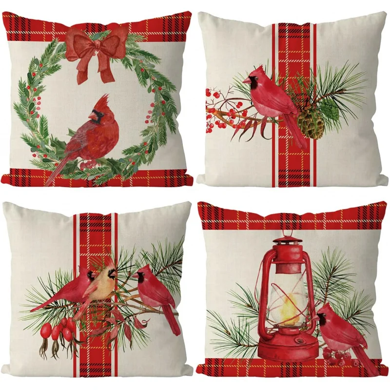 

18 x 18 inch 4-piece Christmas Cardinal Red Buffalo Checkered Pillow Set