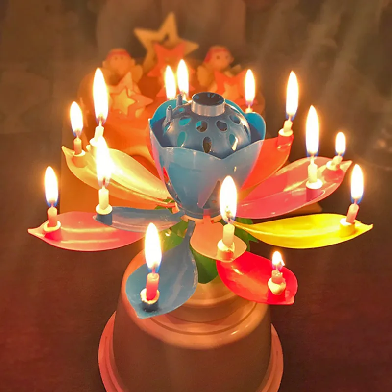 Creative Romantic Flame Retardant Material Cheap Magic Colorful Rotating Lotus Music Birthday Candle