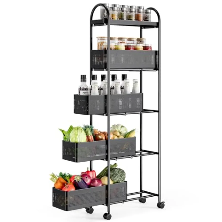 

5-уровневая узкая тележка для хранения с выдвижными корзинами, передвижной органайзер для ванной комнаты, металлический стеллаж на колесиках с выдвижными секциями и блокируемыми колесами