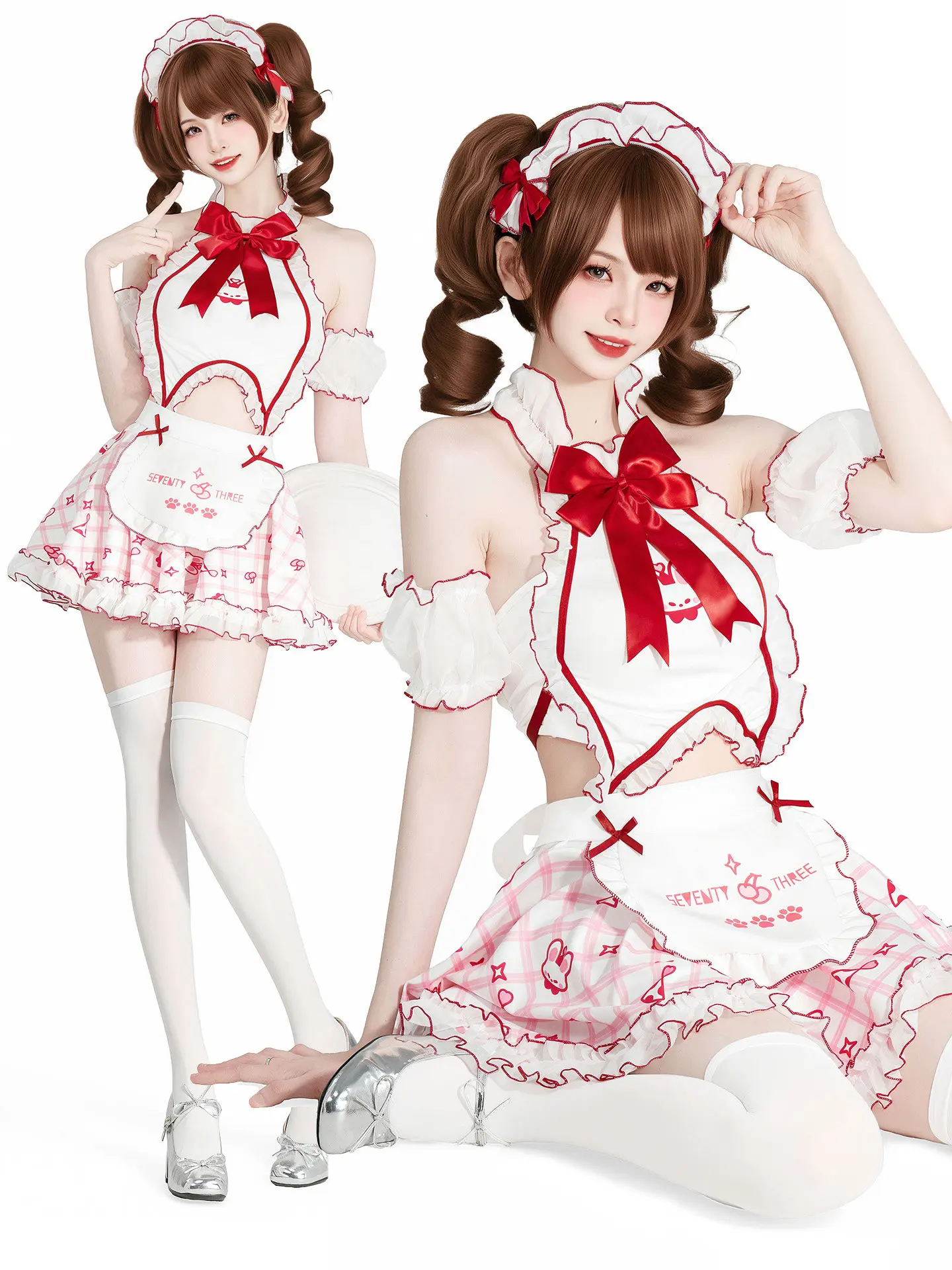 Kawaii Bunny Maid Halter Sleepwear Set Sweet Plaid Print Ruffle Apron Dress Cute Lolita Home Loungewear Cosplay Costume Women