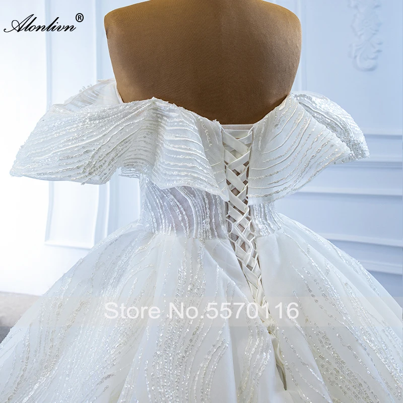 Alonlivn Sweetheart Luxury Shiny Lace Ball Gown Wedding Dresses Off The Shoulder Bridal Skirts