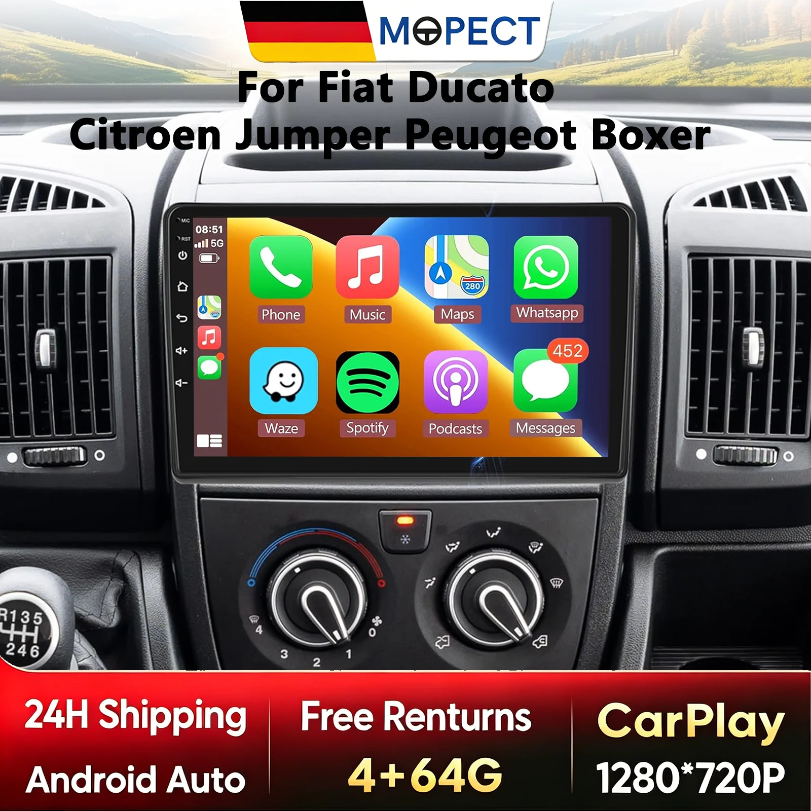 MOPECT 4+128G Android CarPlay Autoradio für Fiat Ducato 2005 - 2023 Citroen Jumper Peugeot Boxer Kabelloses Carplay Android Auto Multimedia-Player BT DAB+ DVR Kamera