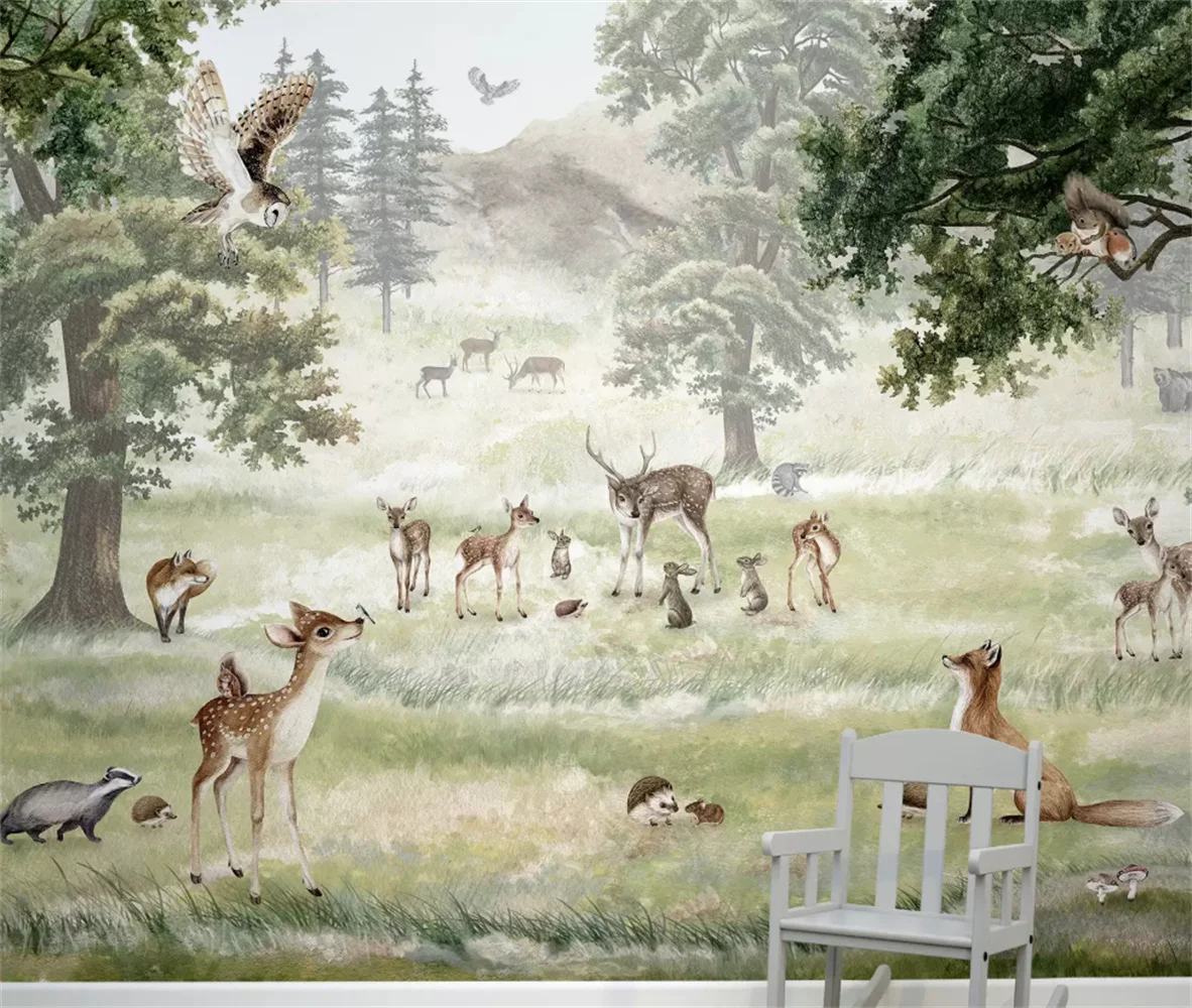 New Children's Room Background Wall Forest Grassland Animal Wallpaper Hand drawn Cartoon Pattern Bedroom Custom Mural
