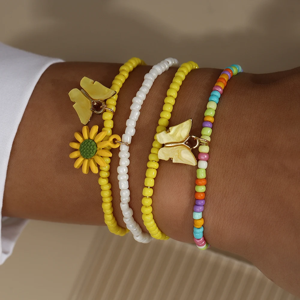 Aihua 4 قطعة/المجموعة الفتيات لطيف فراشة ديزي زهرة البذور مطرز سوار اليدوية الاطفال في سن المراهقة الصداقة أفضل صديق هدية طقم مجوهرات