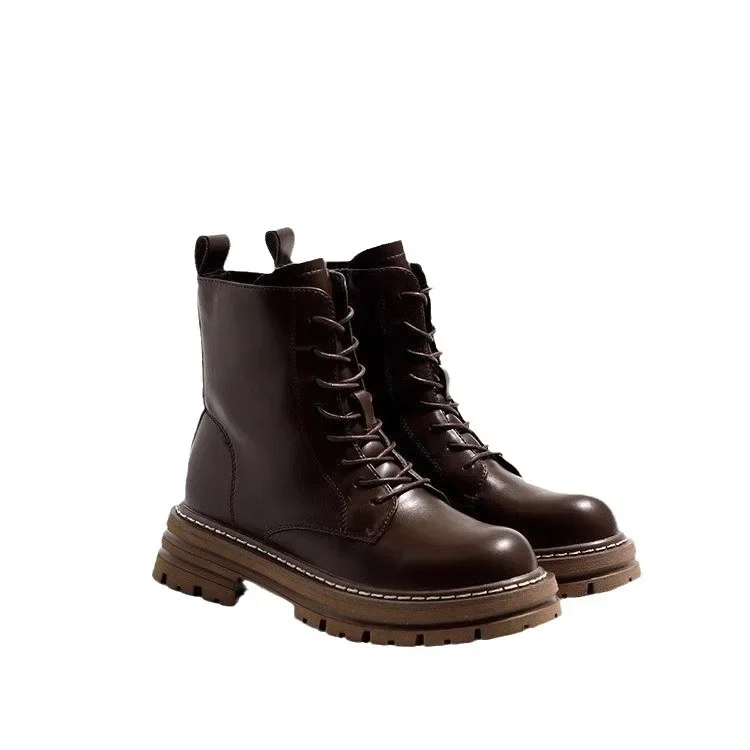Genuine Leather Boots for Women Motorcycle Boots Women Thick Bottom Stitching Short Boot Classic Simple Style Women Ankle Boots