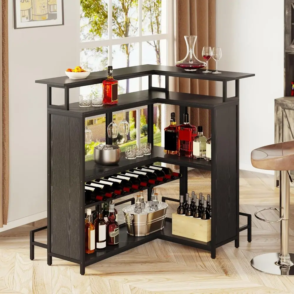 Unità bar a forma di L controllata a LED con tavolo per liquori a 4 livelli, portabottiglie, contenitore e portabicchiere per cucina pub in nero
