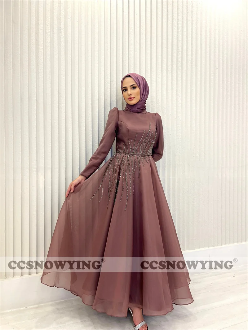 Muslimische Organza-Applikationen Perlen Abendkleider Arabisch Dubai Langarm Hijab Formelles Partykleid Stehkragen A-Linie Robe De Soiree