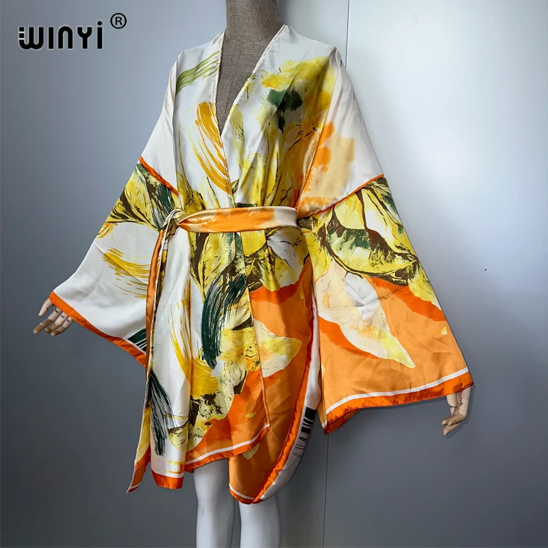 WINYI 2025 kimono plażowe damskie stroje kąpielowe narzutka boho kardigan szyty z paskiem wakacyjny płaszcz z długim rękawem kaftan wakacyjny