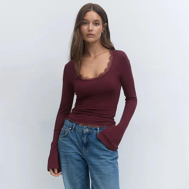 

Tornova Lace Flare Sleeve T shirt Women's Solid Slim Fashion Long Sleeve Top Pullover Casual Bottoming Shirt 2025 Autumn New