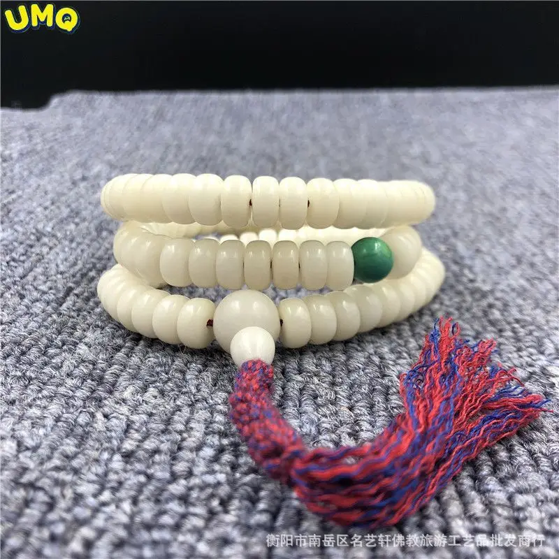 108 White Bodhi Root Barrel Beads Hand String with Turquoise Style Tablet Shaped Colored Tassel Pendant