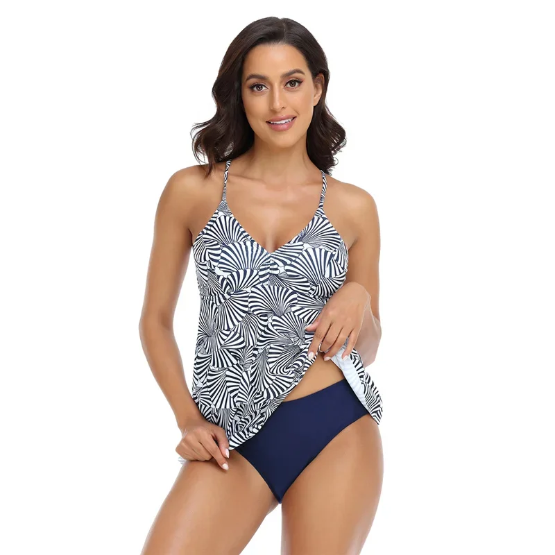 Women's 2 Piece Tankini Swimsuits V-Neck Print Tankini Tops Swimwear with Shorts Tummy Control Bathing Suits Bikini Set