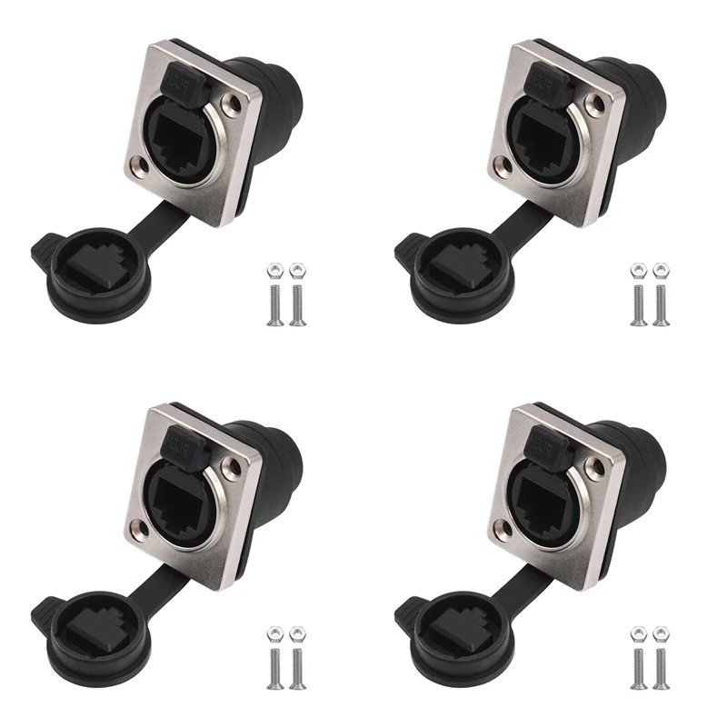 T23C 4X RJ45 Waterproof Network Connector With Rubber Cover D Type Panel Mount Socket RJ45 Ethernet Connector 180 Degree