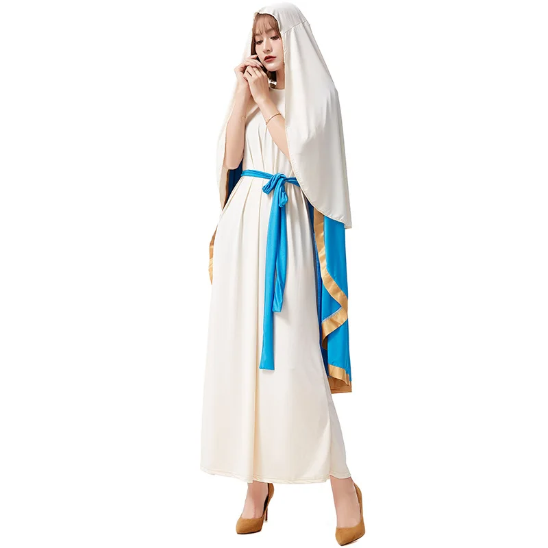 

Virgin Mary Cosplay Sleeveless Robe Dress for Women Girls Hooded Cape Christian Biblical Nun Priest Costume Halloween Dresses