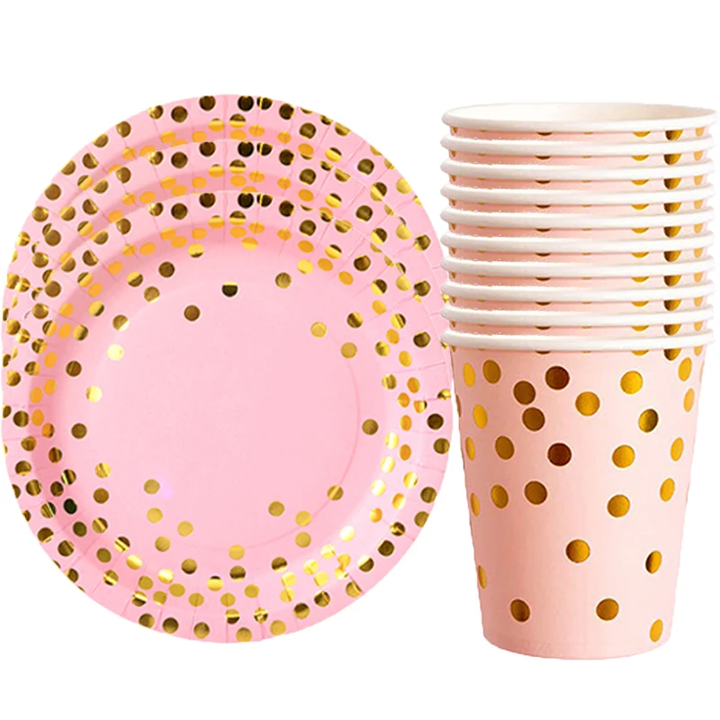 Pink Bronzing golden dot birthday party disposable tableware plate cup for kid and adult wedding anniversary party decor supplie