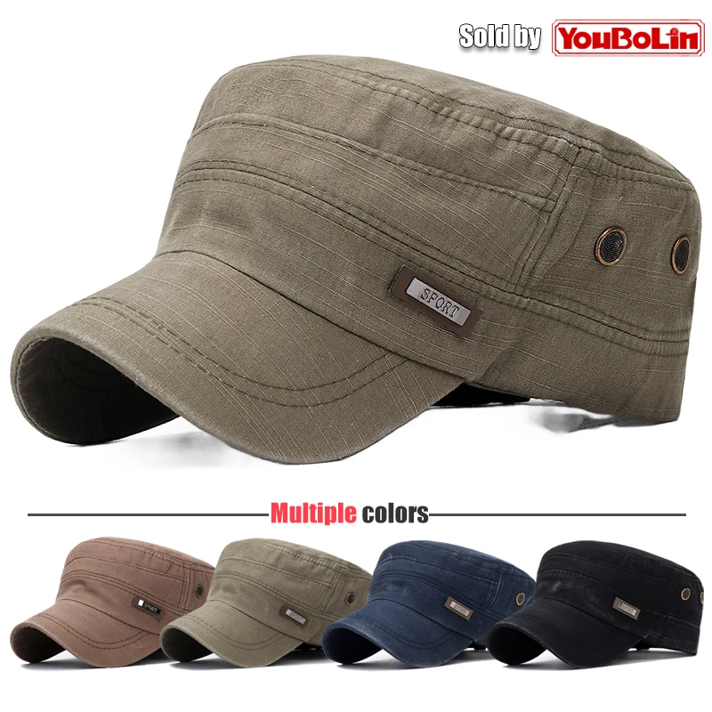 

Cotton Perforated Breathable Military Academy Cadet Flat Cap Sun Hat Trucker Caps Dad Hats