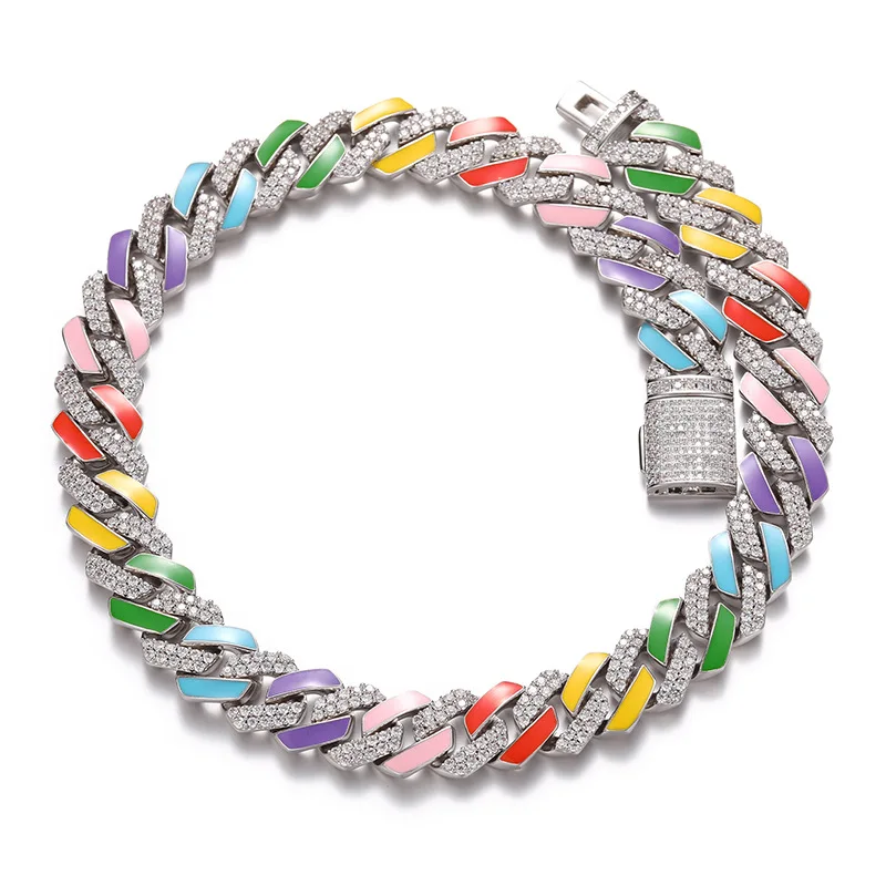 

Hip Hop 5A+ CZ Stone Paved Bling Ice Out 14mm Solid Multicolor Square Cuban Link Chain Necklace for Men Rapper Jewelry Gift