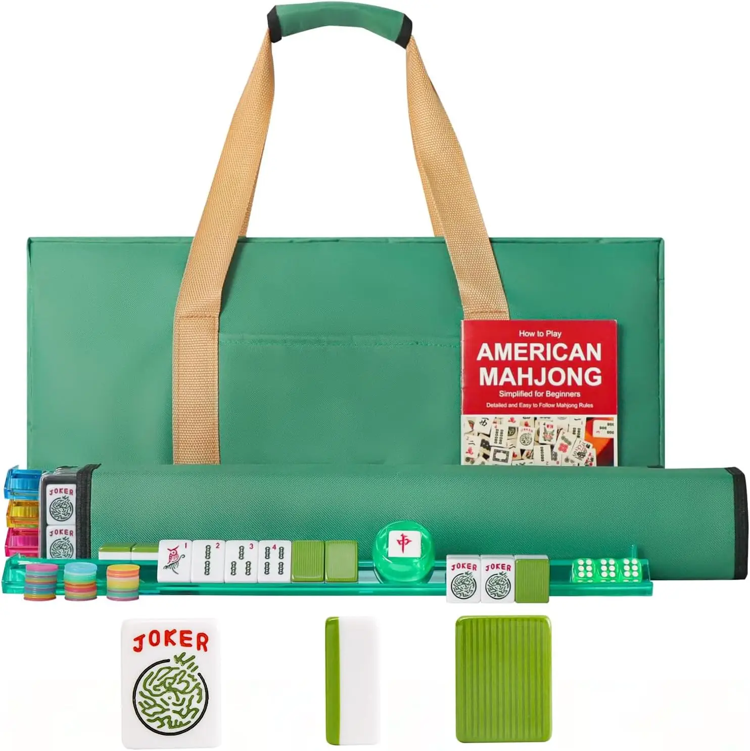 

American Mahjong Game Set, 166 Green Tiles, 4 All-in-One Color Rack/Pushers, Complete Mahjong Tile Set，Green Carrying Bag