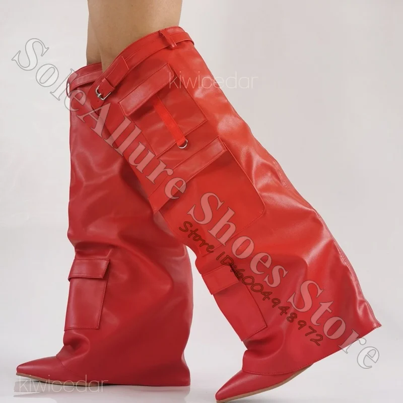 Black Leather Cargo Pocket Wide Leg Pants Boots Women Pointed Toe Hidden Wedge Heel Buckle Strap Gothic Boots