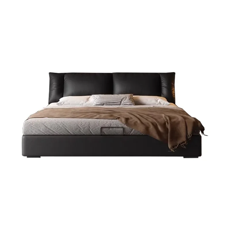 Leather bed Italian minimalist master bedroom high-end atmospheric double bed with storage high box leather bed black new