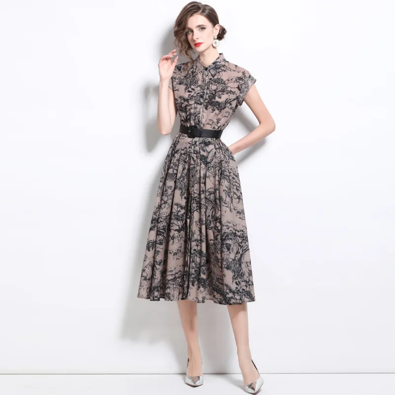 Sommer 2025, Kragen, bedruckt, ort Sve Dr, hohe Taille, A-Linie, Street Sle Thi, Stoff, Paar Dr