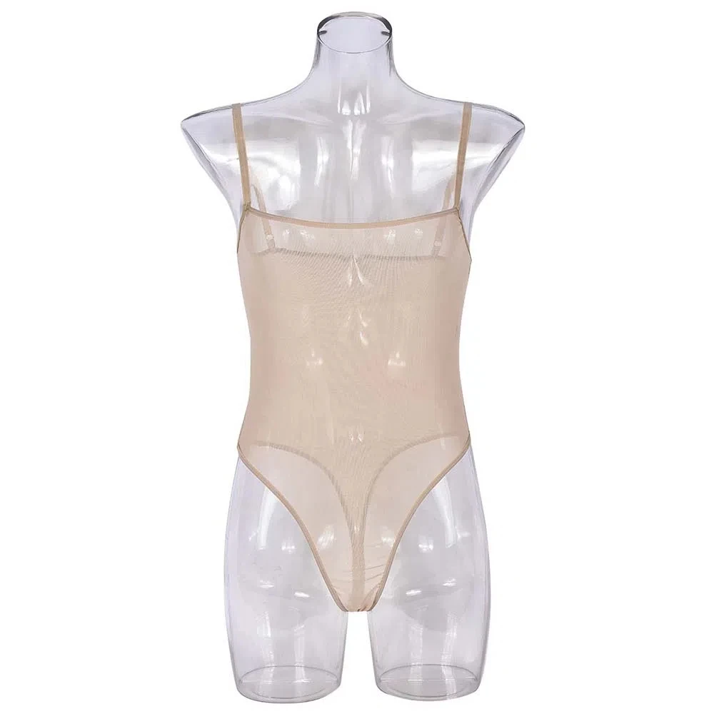 

Fashion Mesh Hollow Mesh Bodysuit Transparent Solid Color Mesh Sheer Jumpsuit Spicy Girl Style Pajamas Women Lingerie Home