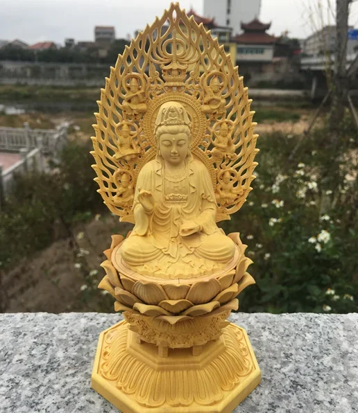 A set 3P HOME Company safety health LUCKY Efficacious protection Guanyin ksitigarbha Dizang Sakyamuni buddha wood carving statue