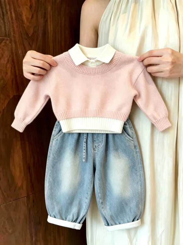 Girls Knitted Base Shirt And Rhinestone Jeans Set Autumn School Style Two Piece Suite Casual Sportswear for Young Women