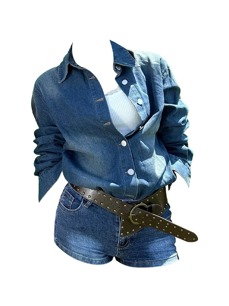 American Design Style Women's Long Sleeve Denim Shirt Jacket Top And Bottom Set Fashionable Versatile Autumn Outfit Two-Piece... view 3