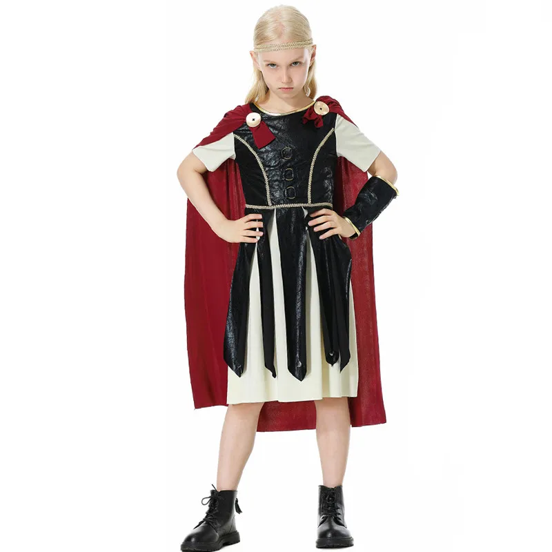 Girls Halloween Rome Spartan Female Warrior Costumes Kids Children Gladiator Cosplay Carnival Purim Stage Role Play Party Dress