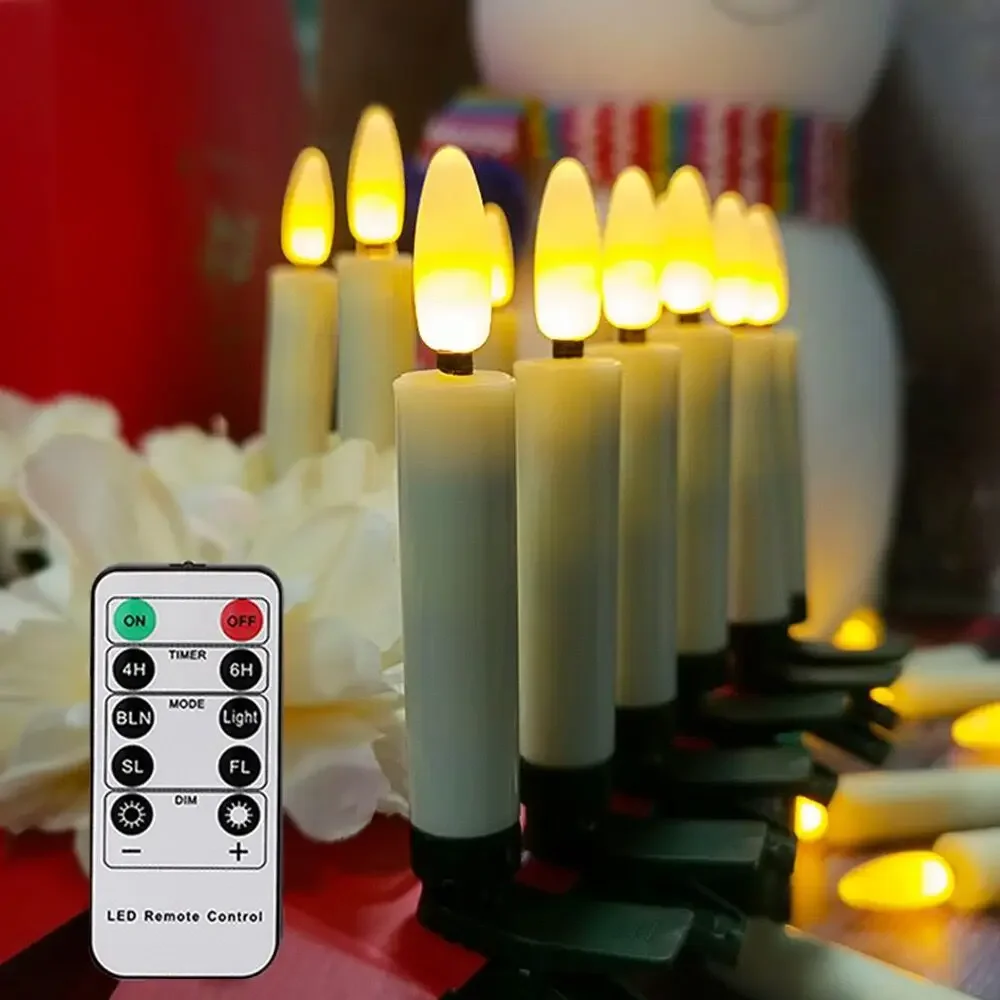 10/20/30pcs LED Christmas Tree Clip Candles Remote Controlled W/Timer Battery Operated Flickering 3D Wick Taper Candle Lighting