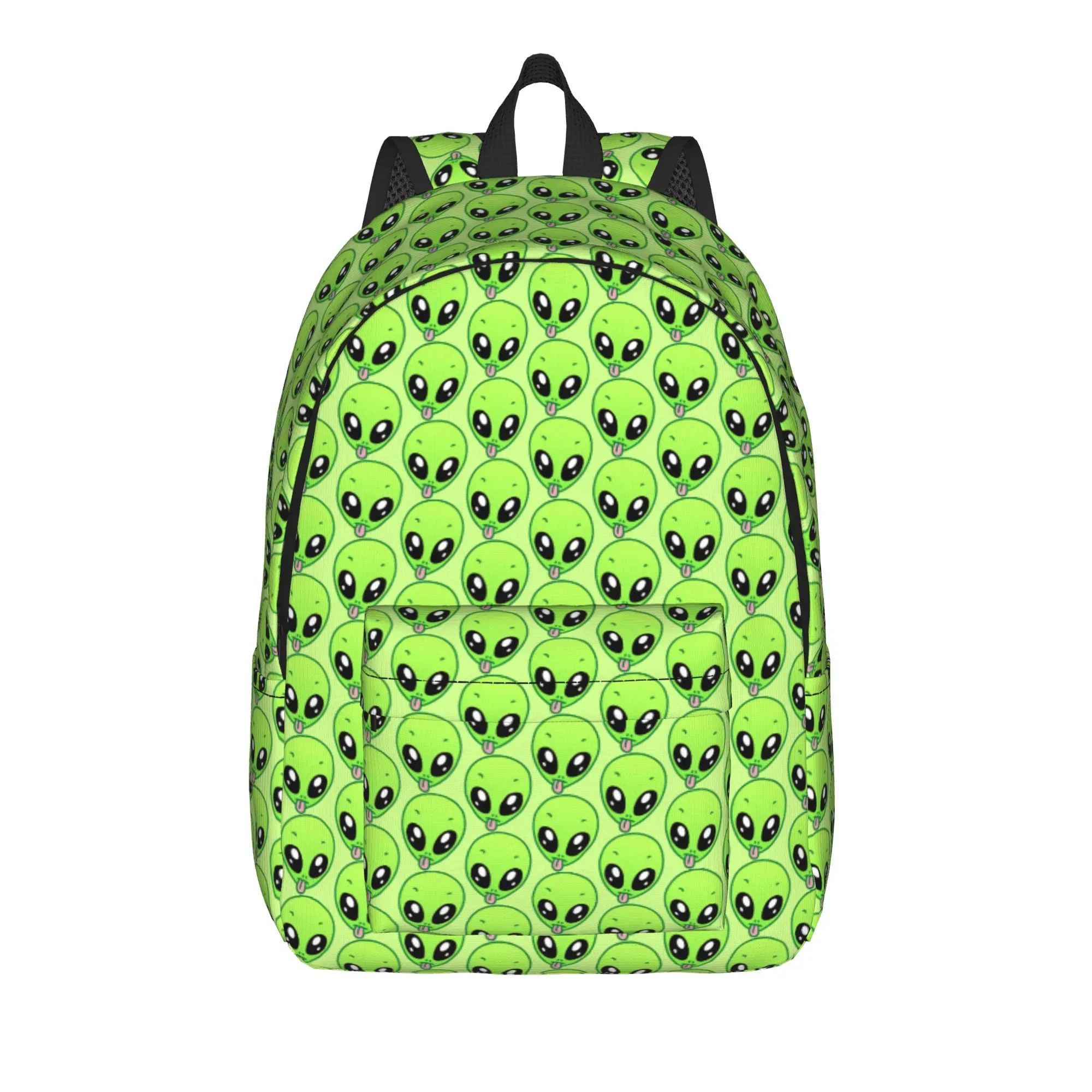 Cute Cartoon Green Alien Sticking Tongue Light Green Vertical Pattern Backpack  Travel Backpacks Men Streetwear High School Bags