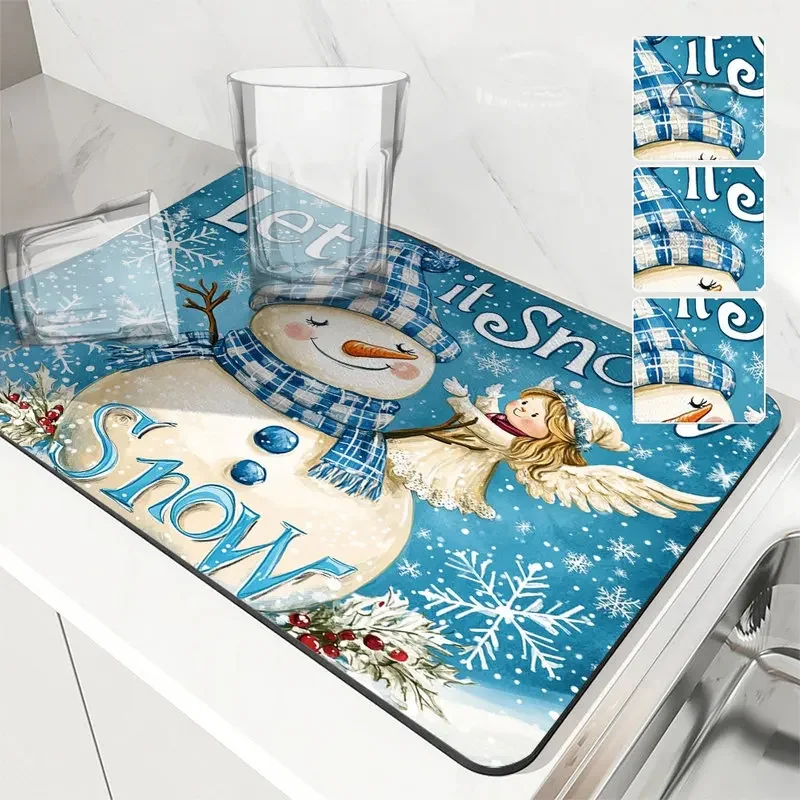 VIKAMA Let it Snow Snowman Green Plaid Hat Angel Placemat, Non Slip Waterproof Heat Resistant for Kitchen Christmas Home Decor
