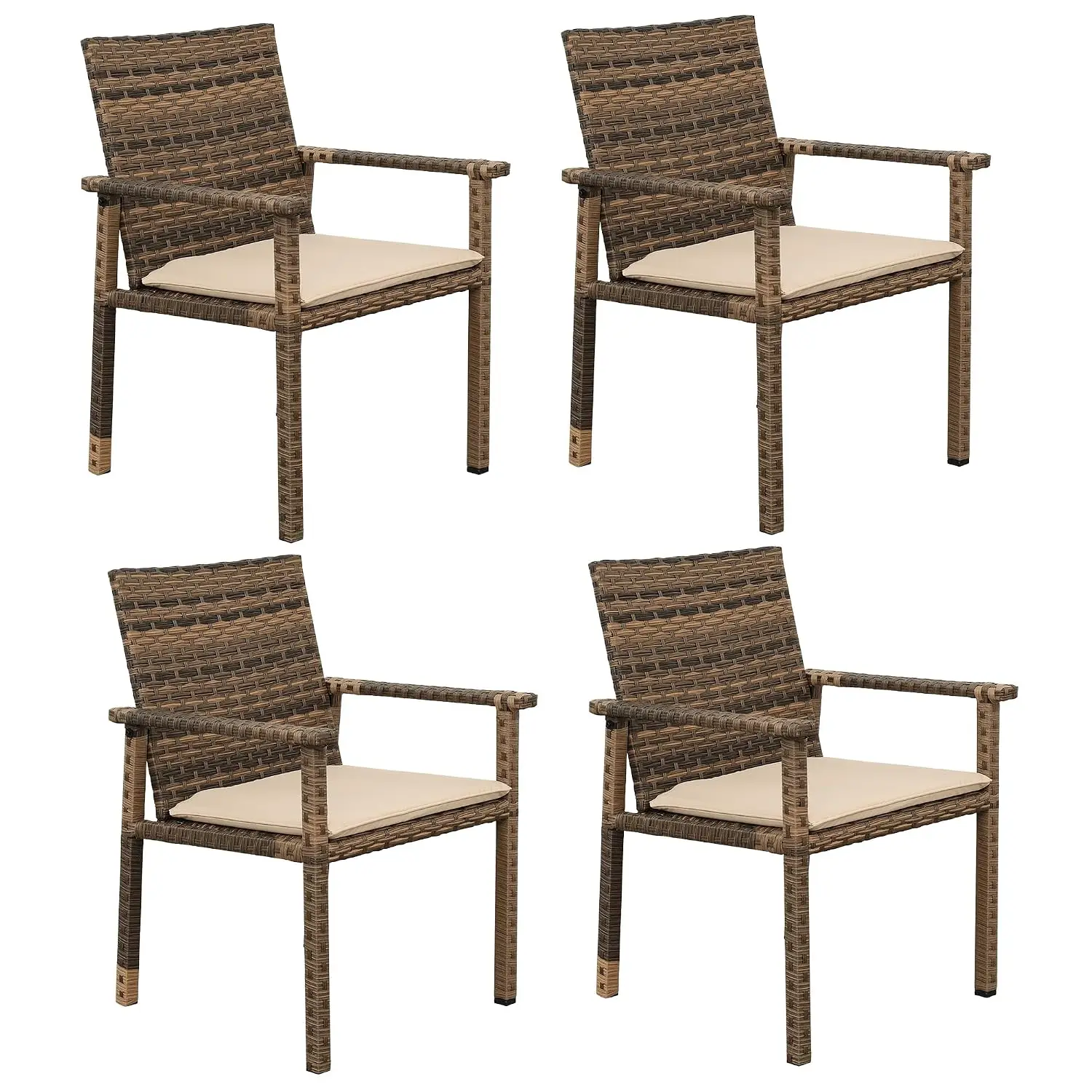 Brown Wicker Outdoor Dining Chair Set of 4 with Khaki Cushions for Patio Garden, Customized