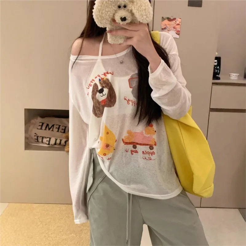 

Relaxing Dog Printed T-shirt for Women's Sunscreen Cover, 2025 Summer Casual Thin Edition Long Sleeve Aging Base Top