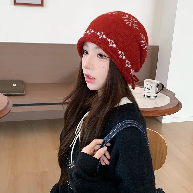 Roll-Edge Patchwork Knit Beanie, Warm Fleece Pull-Over Hat, Relaxed Style, Slimming Winter Hat