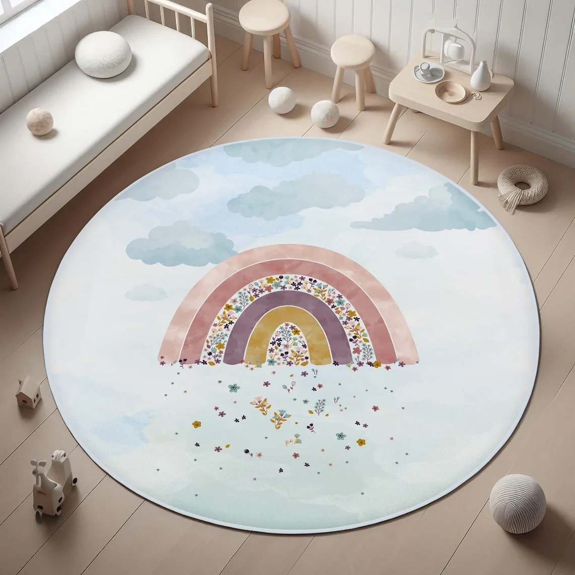 Rainbow Round Floor Mat - Washable, Fun & Colorful Area Rug for Kids Room, Bedroom, Living Room, Chair Swivel, Playful Decor