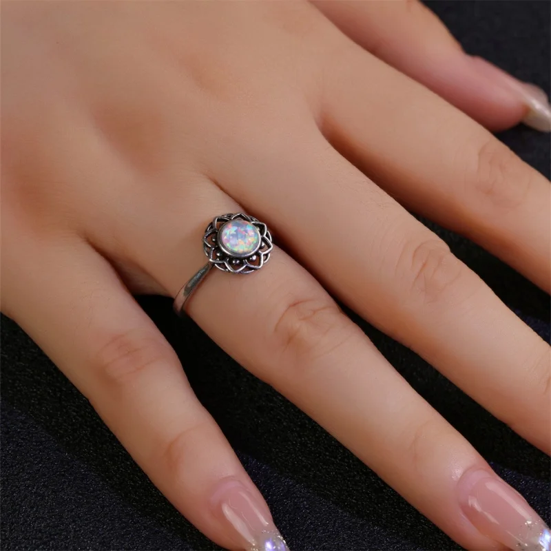 Fashionable Antique Silver Blackened Round White Australian Treasure Flower Ring with Elegant Design and Matching Accessories