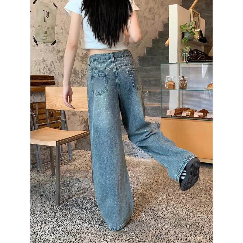 Осень 202, женские винтажные мешковатые джинсы со стразами для мам Y2K, широкие джинсовые брюки в стиле Харадзюку, брюки 2000-х годов в стиле киберпанк, гранж