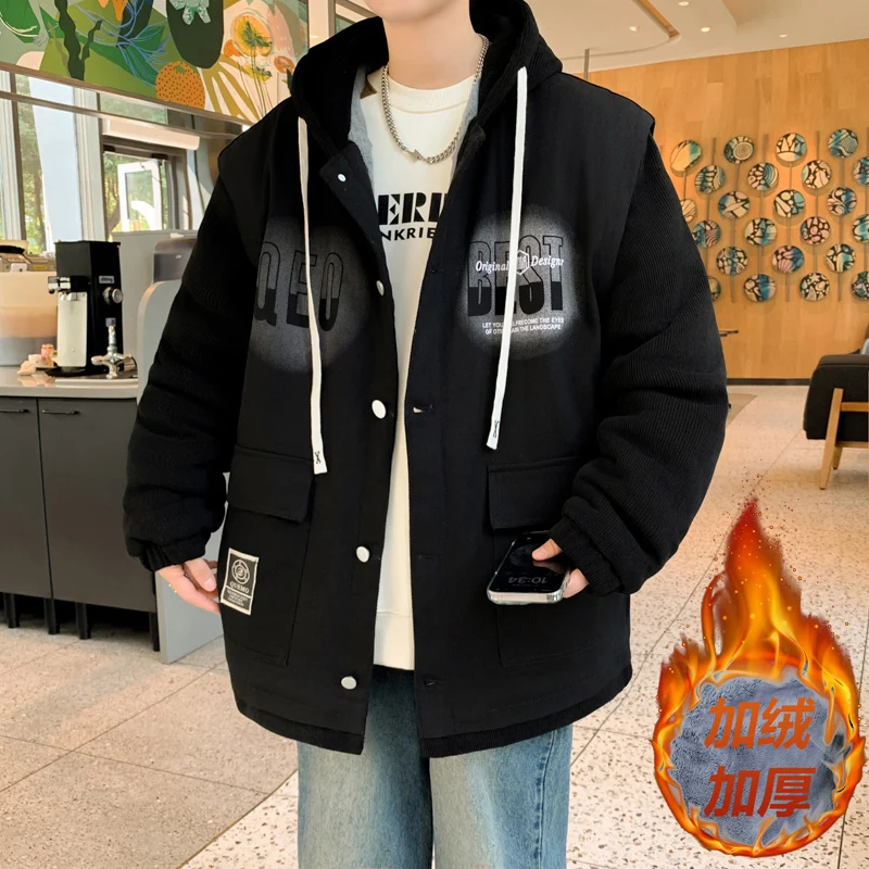 Fake two-piece cotton-padded coat, fall/winter men's denim thickened and fleece hooded coat, fashion trend all-in-one top