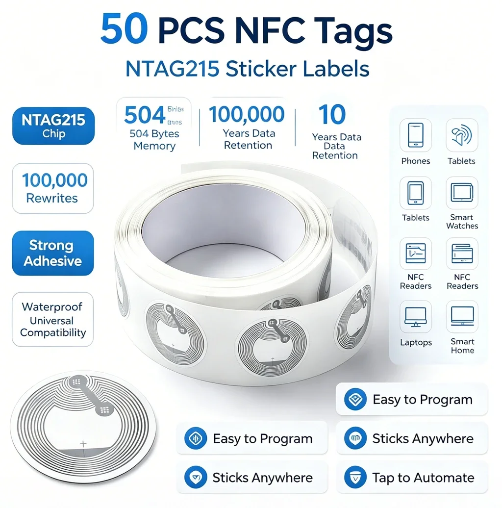 13.56MHz NTAG215 NFC Tag Stickers ISO14443A Self Adhesive RFID Labels Compatible All NFC Enabled Phones Rewritable NFC Sticker 1